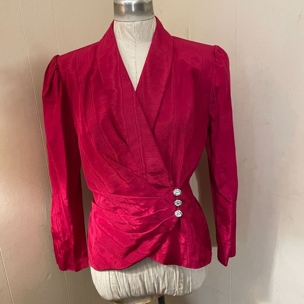 Vintage 80s JESSICA MCCLINTOCK Bridal  Fucshsia Moire JACKET M Rhinestone Button